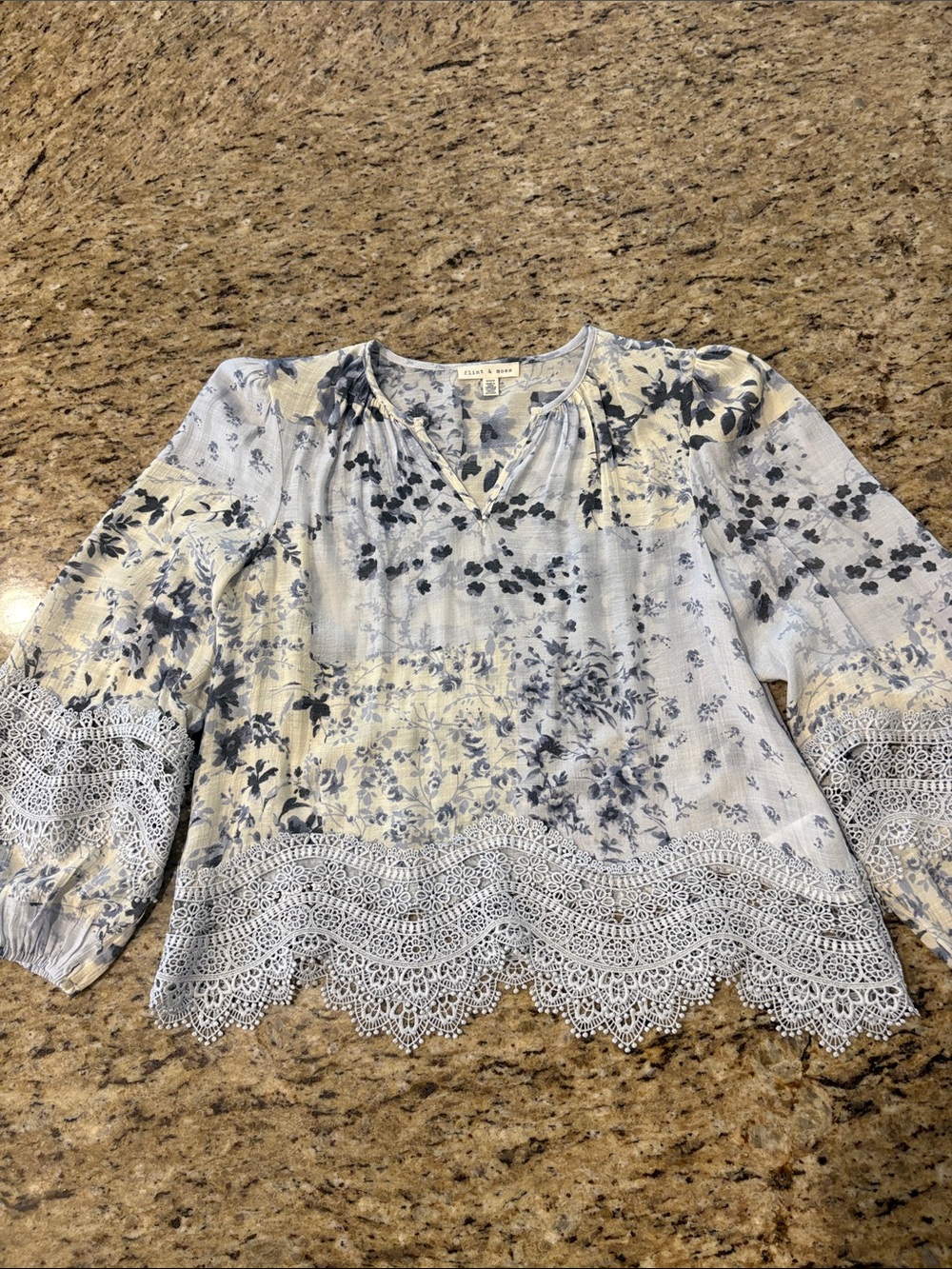 Floral Lace-Hem V-Neck Blouse - Light Blue by Crown & Ivy